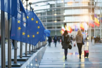 EU flags at modern office building with people