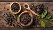 Unripe drupes of fresh black pepper flatlay on brown wood backgound four bunches one wooden bowl and spatula filled with grains