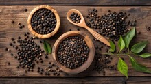 Unripe Drupes Of Fresh Black Pepper Flatlay On Brown Wood Backgound Four Bunches One Wooden Bowl And Spatula Filled With Grains
