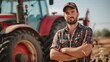 Agriculture banner. Proud attractive confident male farmer standing in front of agricultural machinery. 