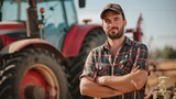 Fototapeta  - Agriculture banner. Proud attractive confident male farmer standing in front of agricultural machinery. 