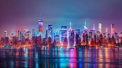 Wall Mural - Witness the stunning evening panorama of New York's skyline, with its towering buildings lighting up Midtown Manhattan