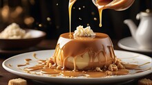 As The Final Flourish, A Drizzle Of Silky Caramel Sauce Is Expertly Applied, Winding Its Way Around The Dessert In An Intricate Dance Of Flavor. The Rich Aroma Of Caramel Fills The Air, Heightening 