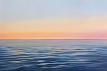 A Minimalist Seascape At Dusk, Where The Horizon Divides A Smooth, Steel Gray Ocean From A Sky Painted In Gradients Of Lilac, Peach, And Soft Yellow.