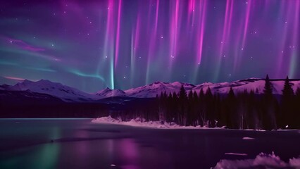 Poster - Stunning Purple and Green Aurora Borealis Dancing Over a Lake Generative AI