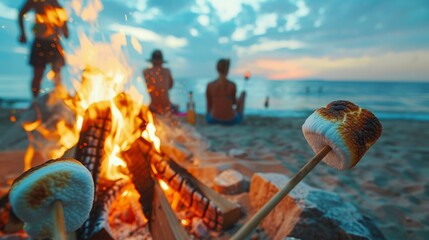 A lively summer beach bonfire with friends and roasted marshmallows, 