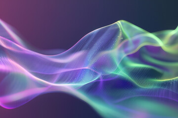 Wall Mural - Abstract fluid iridescent holographic neon wave in motion, with purple and green gradient for dynamic backgrounds