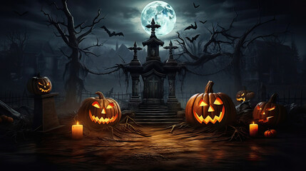 Wall Mural - Jack O’ Lanterns In Spooky Forest At Moonlight - Halloween. Generative ai illustration.