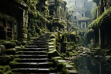 Mosscovered Stairs Lead To A River In The Middle Of Ancient Ruins