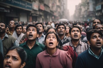 Wall Mural - Crowd of people looking up shocked