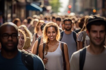 Sticker - Crowd of people walking city street smiling happy