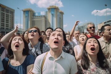 Wall Mural - Crowd of people looking up shocked