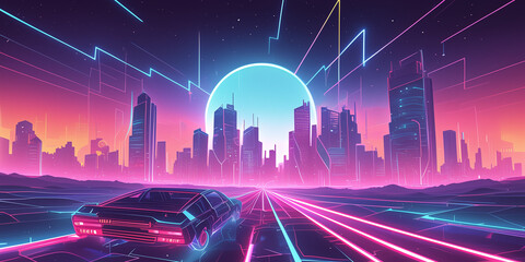 Wall Mural - Beautiful Synthwave Cityscape at Sunset With Neon Lights and Skyscrapers.