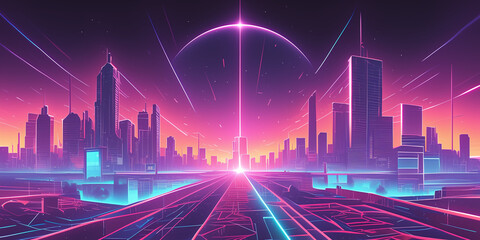 Wall Mural - Beautiful Synthwave Cityscape at Sunset With Neon Lights and Skyscrapers.