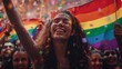 Joyful faces adorned with smiles, hands waving rainbow flags, embodying unity and diversity at an LGBTQ festival, a vivid testament to LGBTQ representation.
