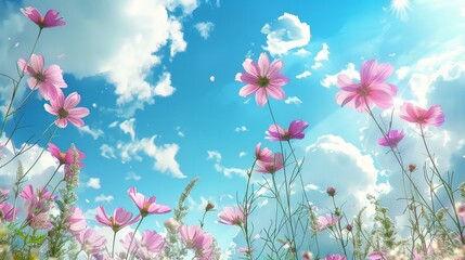 Wall Mural - Cosmos flowers on a background of blue sky with clouds