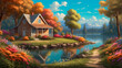 Step back in time to the 60s with this unique shack surrounded by a colorful path of flowers, lush trees, and a tranquil lake. The oil painting style adds a touch of nostalgia to this visually descrip