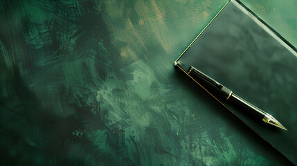 Wall Mural - A pen and a book are on a table. The book is open to a page with a green background
