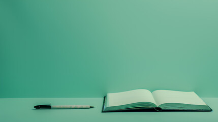 Wall Mural - A pen and a book are on a table. The book is open to a page with a green background