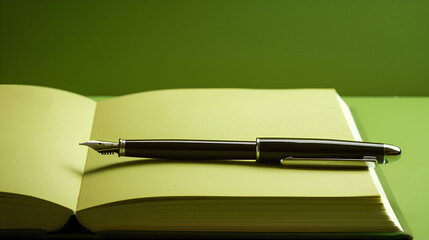 Wall Mural - A pen and a book are on a table. The book is open to a page with a green background