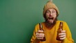 Portrait of cheerful funky young man open mouth hands hold glass beer bottles isolated on green color background,copy space.