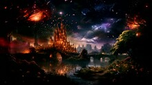 Regal Waterscapes: Palaces by the River, Surrounded by Trees, Illuminated with Fireworks