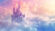 Enchanting fairy tale castle floating on fluffy clouds in a dreamy pastel sky