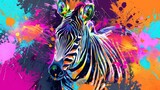 Fototapeta Konie - Vibrant abstract zebra artwork with dynamic splattered paint background, mixed media illustration