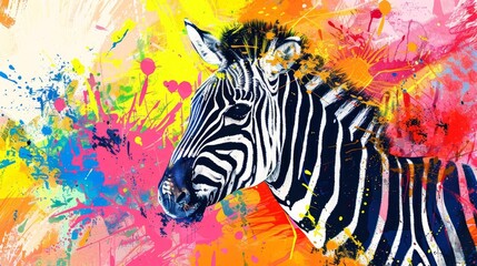 Wall Mural - Vibrant abstract zebra artwork with dynamic splattered paint background, mixed media illustration