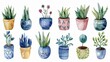 Whimsical collection of potted plants and flowers in a boho style, delightful watercolor illustration set
