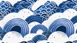 Abstract seamless pattern in eastern asian style. Japanese wave blue ornament on white background.