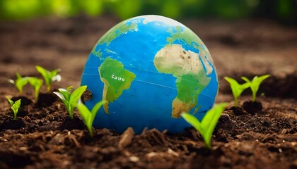 Wall Mural - Earth Day  environment protection eco care ecology future recycling, responsibility save concept background -Close up of world globe planet lying in the ground & growing plants in nature generative ai