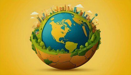 Wall Mural - Earth Day  environment protection eco care ecology future recycling, responsibility save concept illustration - World globe planet, isolated on yellow background generative ai