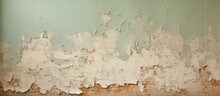 Shabby Wall With Remnants Of Green Paint And Torn Brown Wallpaper For Interior Renovation.