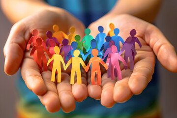 Close-up of hand holding colorful paper people with rainbow colors. Pride month concept, LGBT community concept