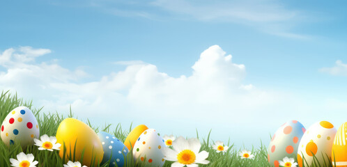 Happy Easter Banner, Beautiful Easter eggs on green grass meadow field background with copy space, festive spring wallpaper with blank space for text