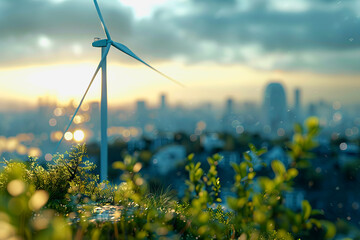 Wind power plant and technology. Smart grid. Renewable energy. Sustainable resources.