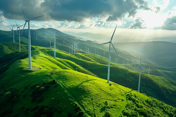 Wall Mural - Wind power plant and technology. Smart grid. Renewable energy. Sustainable resources.