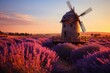Windmill stands in lavender field at sunset, under colorful sky