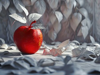 Wall Mural - A red apple sitting on a table with leaves. Generative AI.