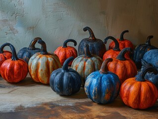 Wall Mural - A group of painted pumpkins sitting on a table. Generative AI.