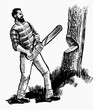 Lumberjack cutting tree with chainsaw. Hand drawn retro styled black and white illustration