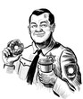 American police officer drinking coffee and eating doughnut. Hand drawn retro styled black and white illustration