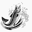 Jumping salmon fish. Hand drawn retro styled black and white illustration