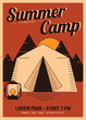 Summer camping poster template design with camping tent vintage retro style.