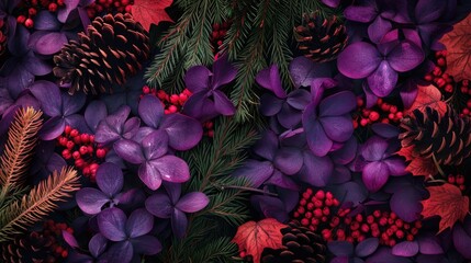 Sticker - purple flowers, red berries and pine cones on a dark background