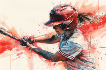 Wall Mural - Baseball player in action, woman red watercolour with copy space