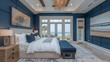 Bedroom - Beach house - blue with light brown trim - meticulous symmetry - coastal design - casual flair - windows 