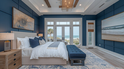 Wall Mural - Bedroom - Beach house - blue with light brown trim - meticulous symmetry - coastal design - casual flair - windows 