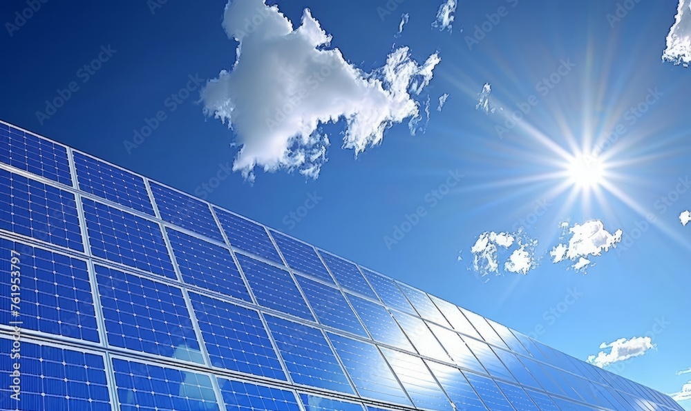 solar panels against a bright blue sky with white clouds and the sun ...